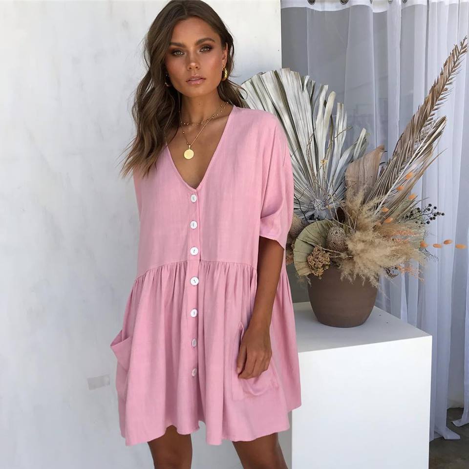 Pocketed Palmer Button Down Babydoll Dress Pink