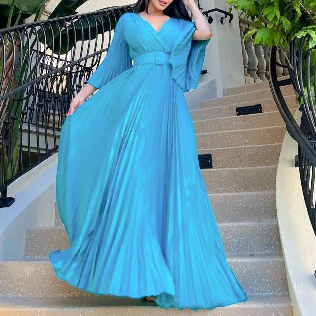 Women Clothing V neck Attractive Pleated Formal Swing Dress Maxi Dress