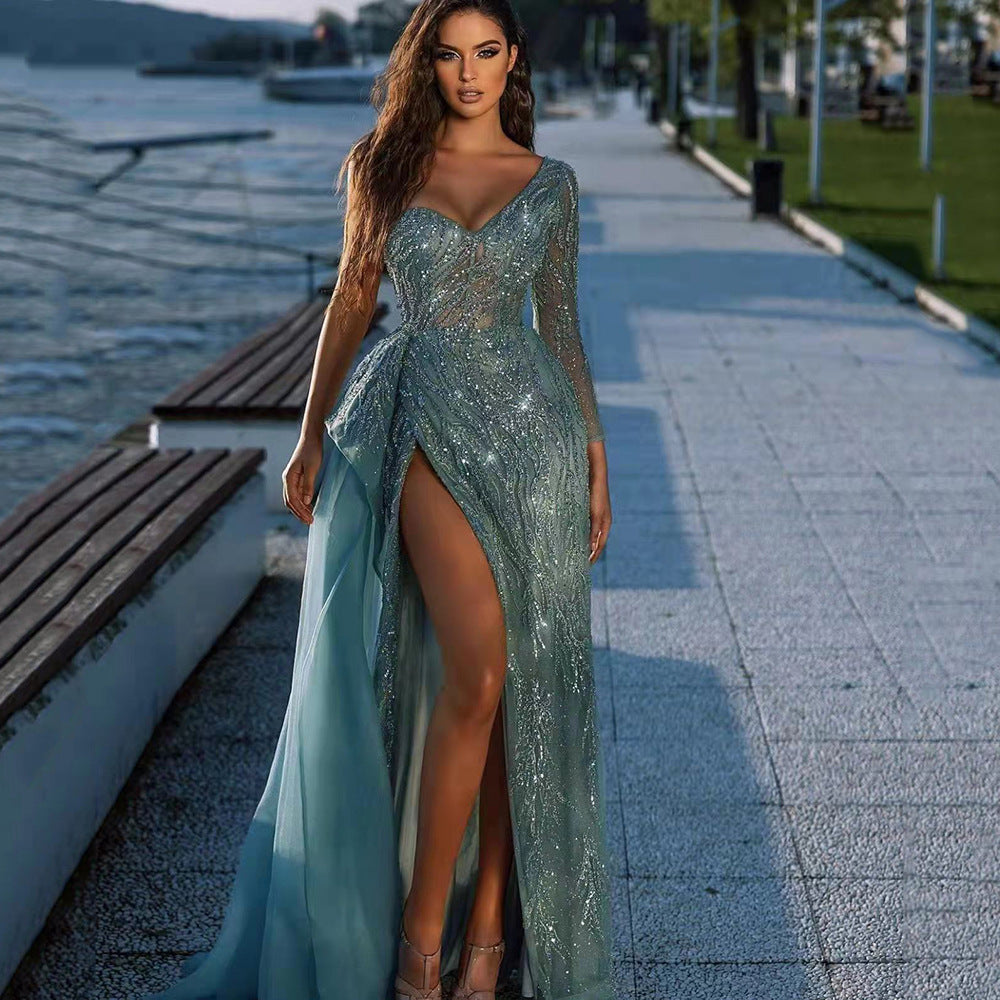 Evening Cocktail Dress Sequined Split Host Party Dress