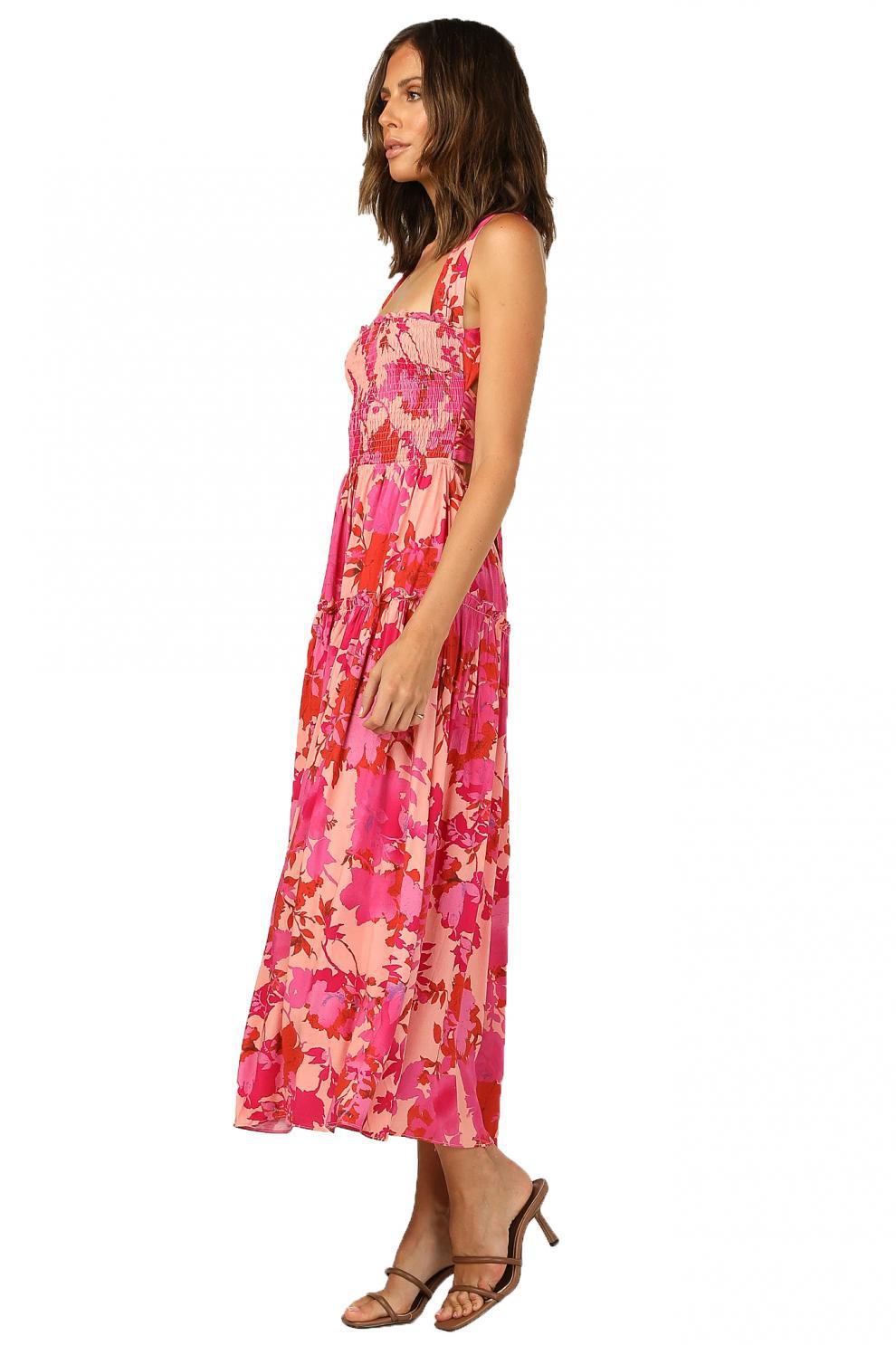 Edris Cotton Botanical Tiered Midi Dress Coral Pink