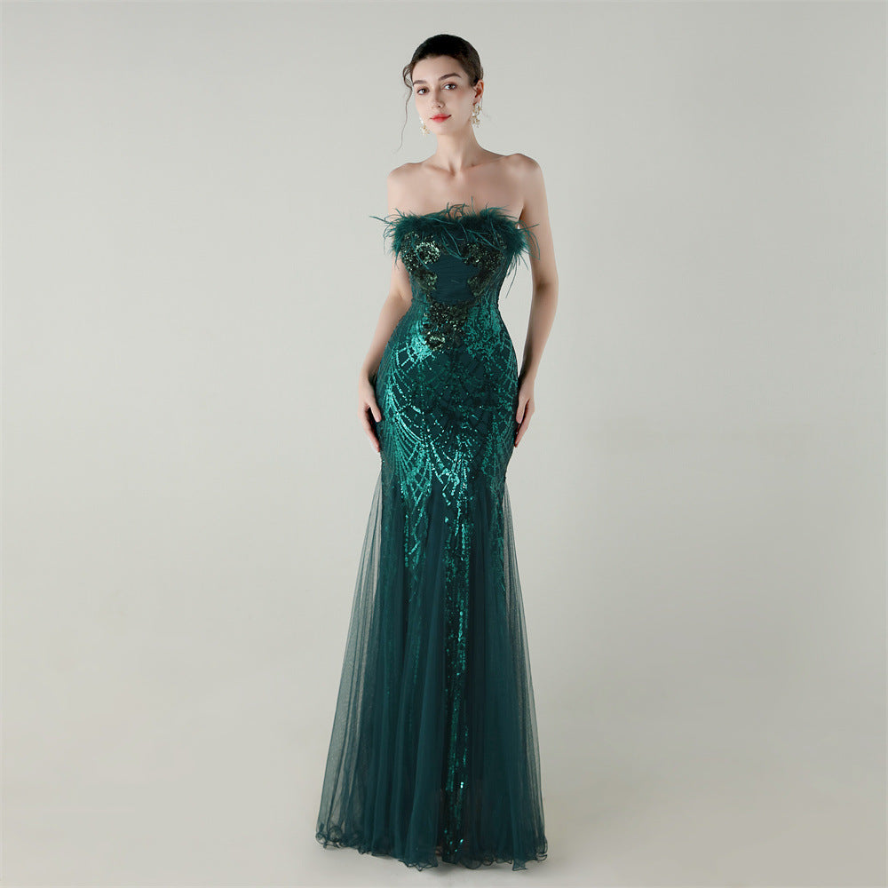 Sequin Beaded Tube Flower Ostrich Feather Tube Top Cross Strap Mesh Fishtail Evening Dress Cocktail Wedding