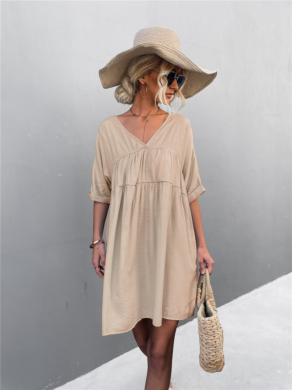 Cotton Goodness Pocketed Babydoll Dress Khaki