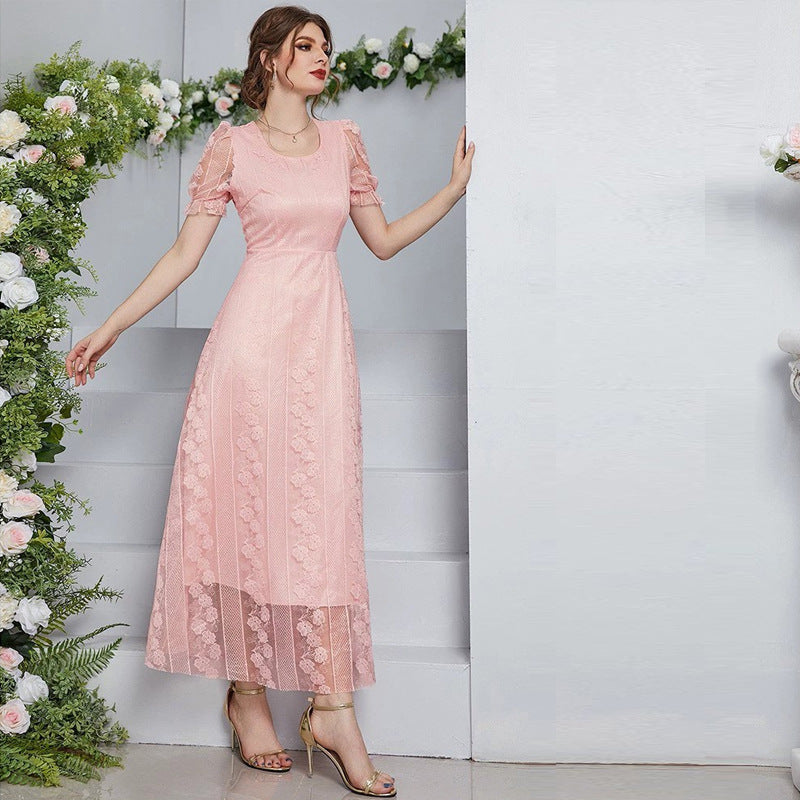 French Minority Spring Summer Slimming Mesh Stitching U Collar Solid Color Dress Maxi Dress Women Clothing