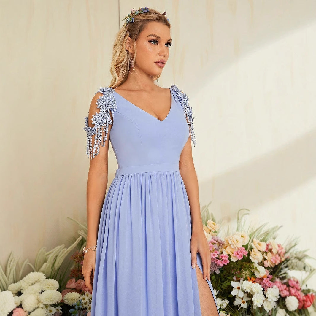 V neck Refined Evening Dress Prom Party Slit Evening Dress Wedding Dinner Toast Dress Annual Meeting Dress