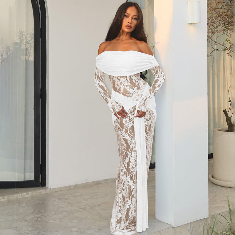 Women Clothing Autumn Refined Lace Patchwork Maxi Dress off Shoulder Long Sleeve Tied Dress