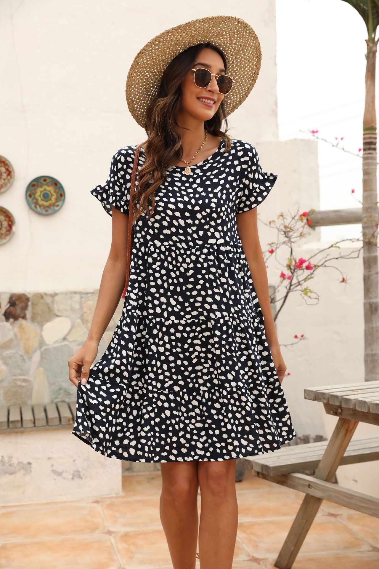 Printed Brushstrokes Asymmetrical Ruffle Dress