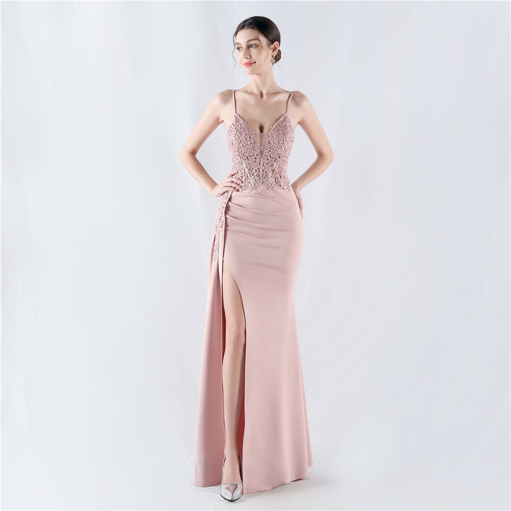 Dress Heavy Embroidery Drilling Order Flower Tight Waist Boning Corset Satin Evening Dress Annual Meeting Wedding
