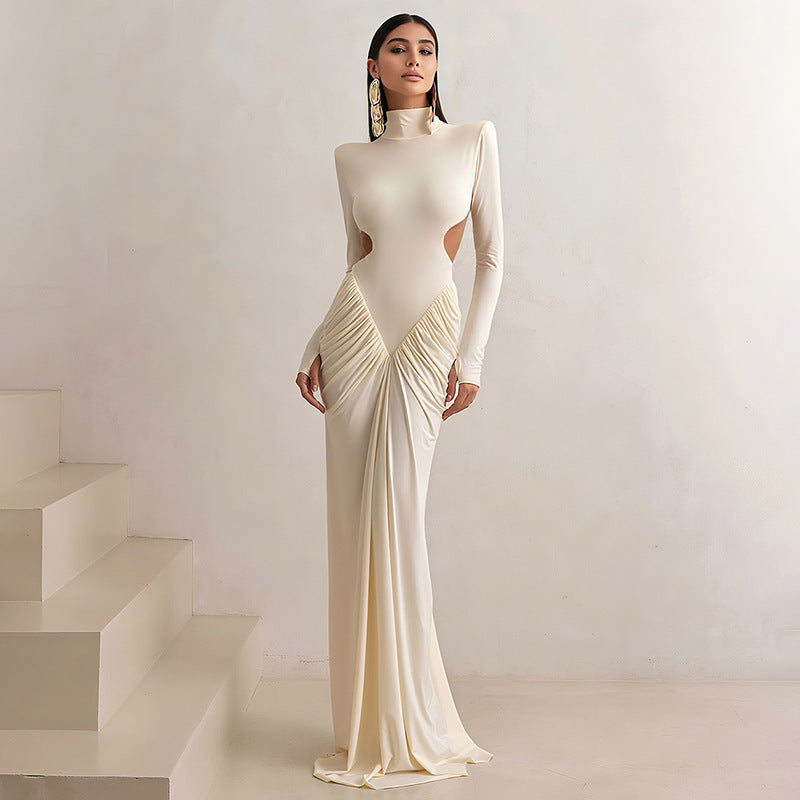 Summer Women Clothing High Collar Slim Attractive Backless Solid Color Maxi Dress