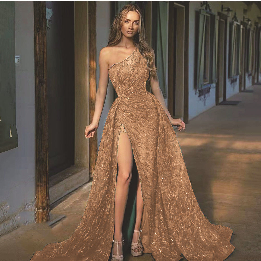 Shoulder off Split Maxi Dress Toast Dress Sequin Sling Evening Dress