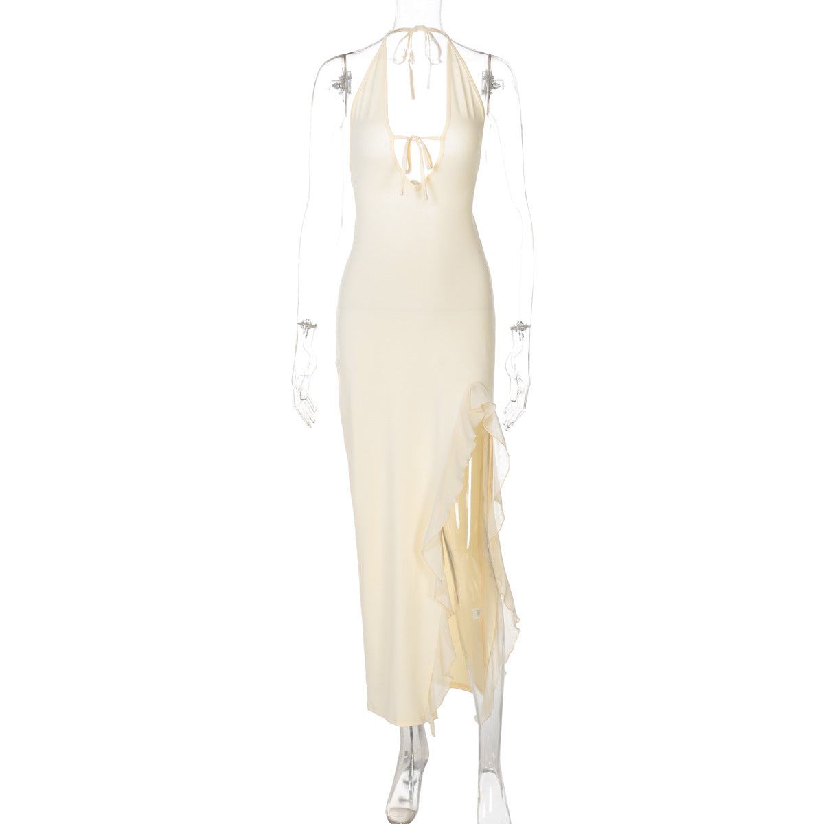 V Ruffled neck Lace up Backless Dress