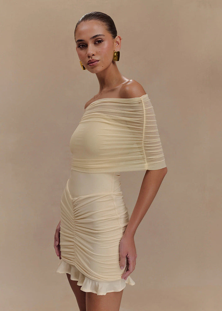 Shoulder Off Mesh Ruched Mini Dress