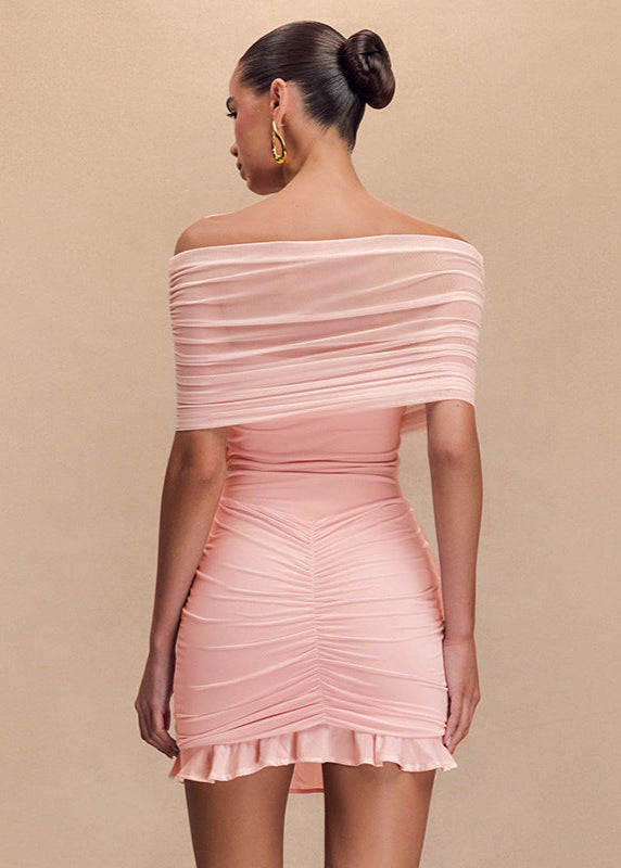 Mesh Off-Shoulder Ruched Mini Dress