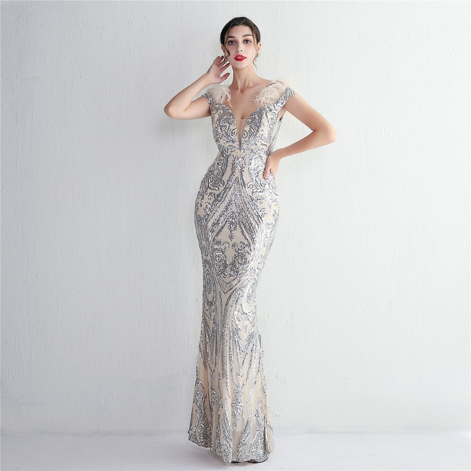 High Density Three Dimensional Strong Sequin Positioning Botanical Craft Handmade Wool Cocktail Slim Fit Evening Dress