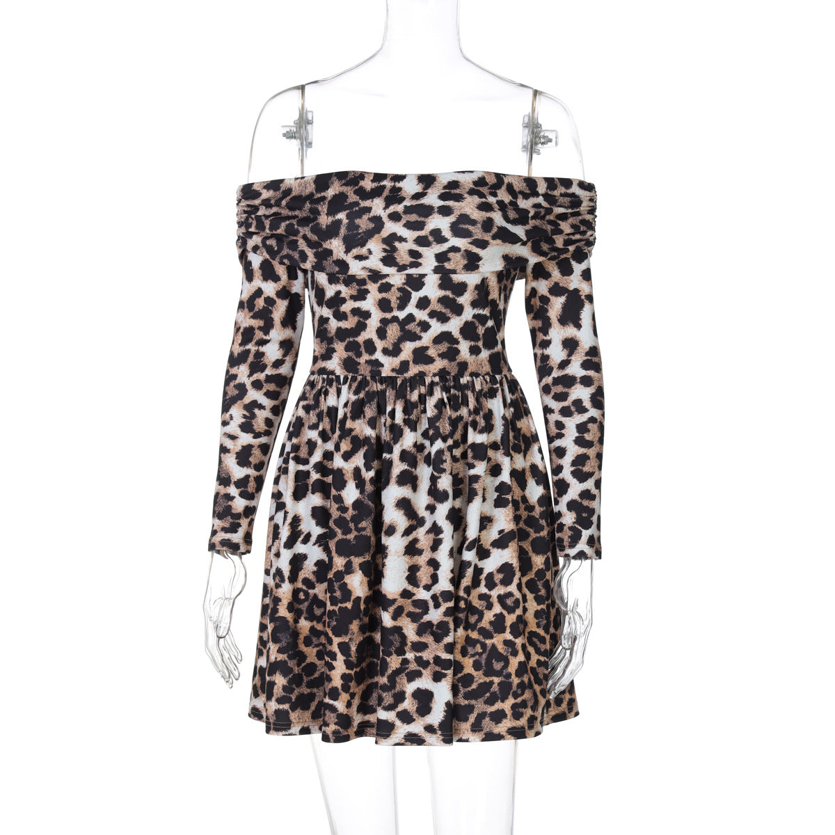 off Neck Short Graceful Shoulder Baring Long Sleeve Pleated Dress
