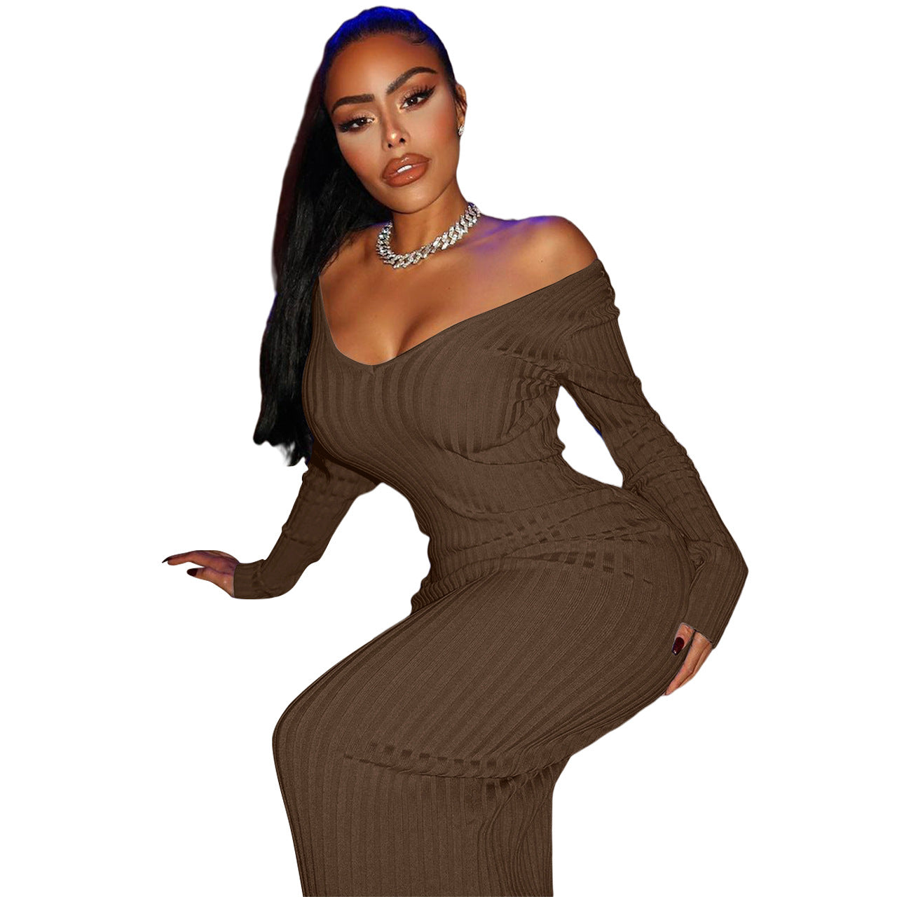 Off Troy The Shoulder Knit Midi Dress Chocolate FINAL