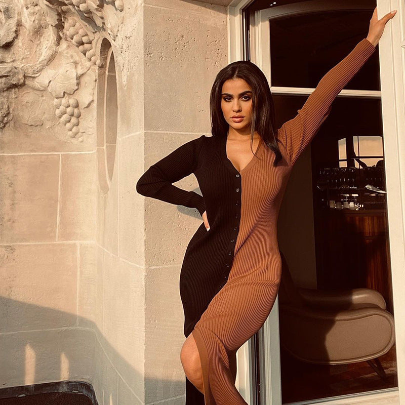 Colorblock Abril Button Front Knit Midi Dress Black Tan