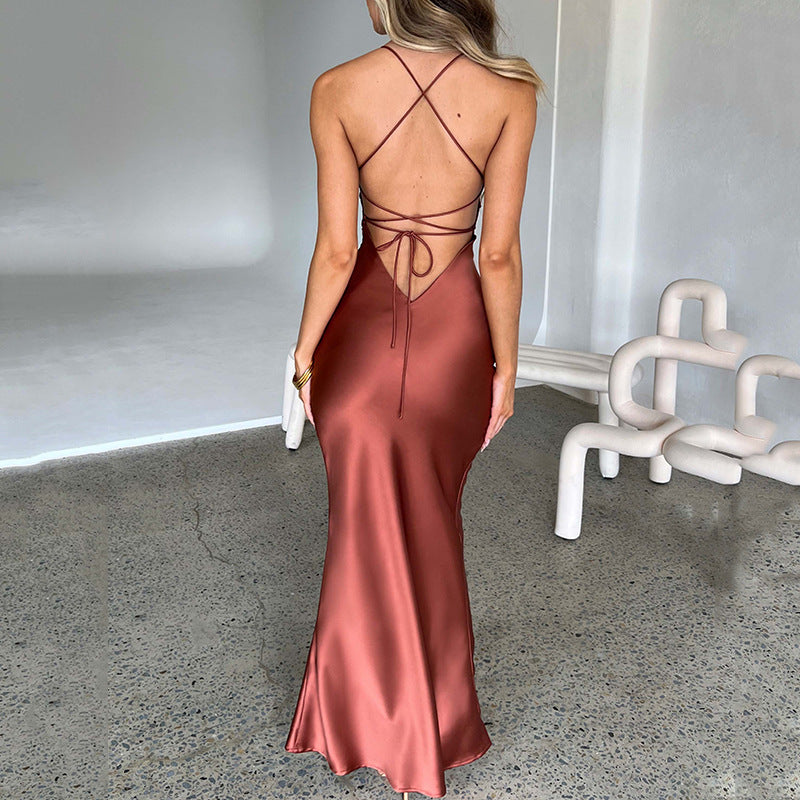 Women Clothing Chic Strap Satin Dress Autumn Backless Lace up Waist Controlled Maxi Dress