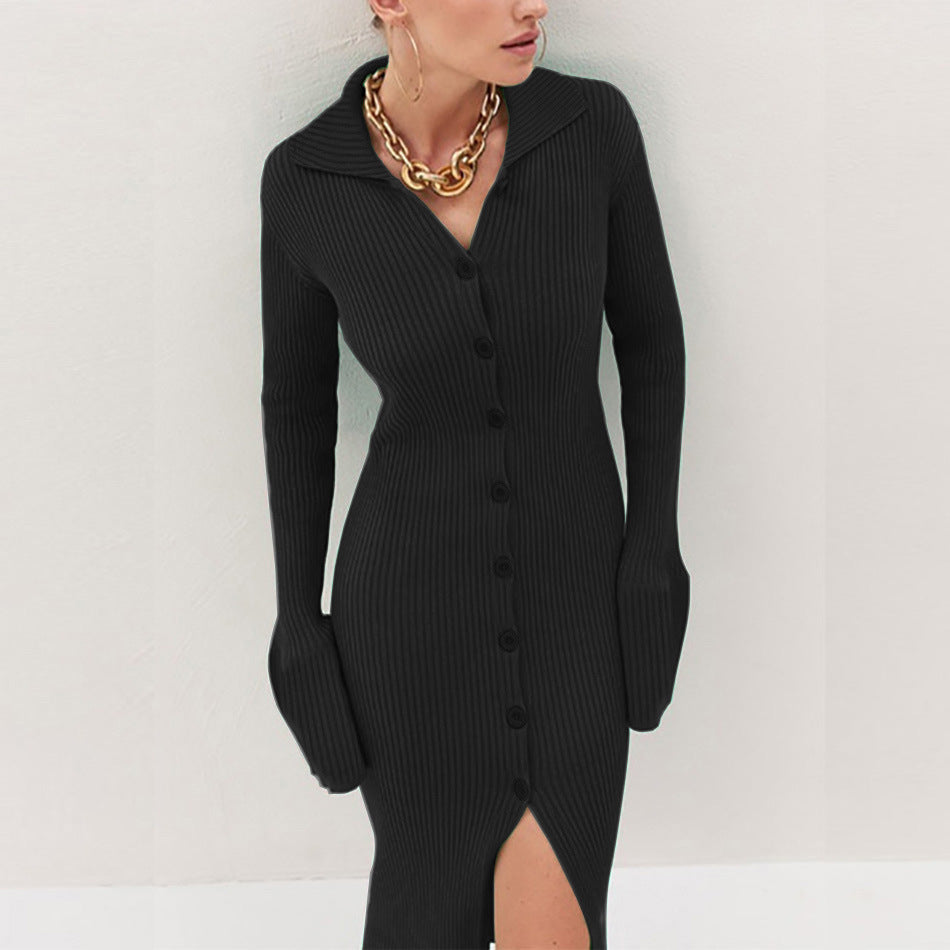 Cotton Praia Blend Ribbed Button Down Midi Dress Black FINAL