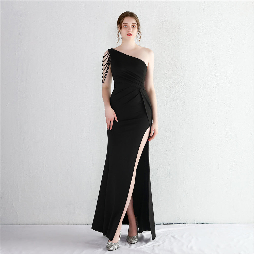 Satin Beaded Extended One Shoulder Debutante Gala Dinner Slim Fit Fishtail Dress Wedding Car Model Exhibition Dress