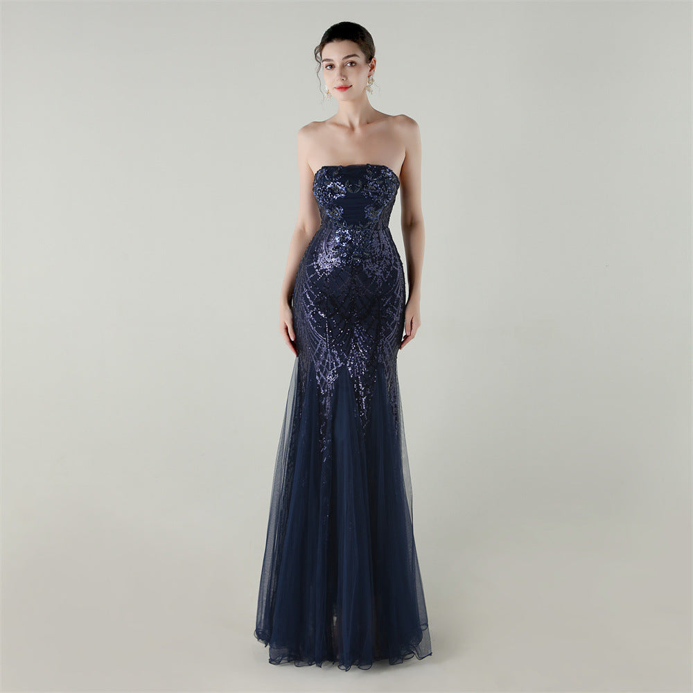 Tube Top Cross Strap Beaded Tube Flower Sequin Mesh Evening Dress Cocktail Wedding Social Elegant Clothing