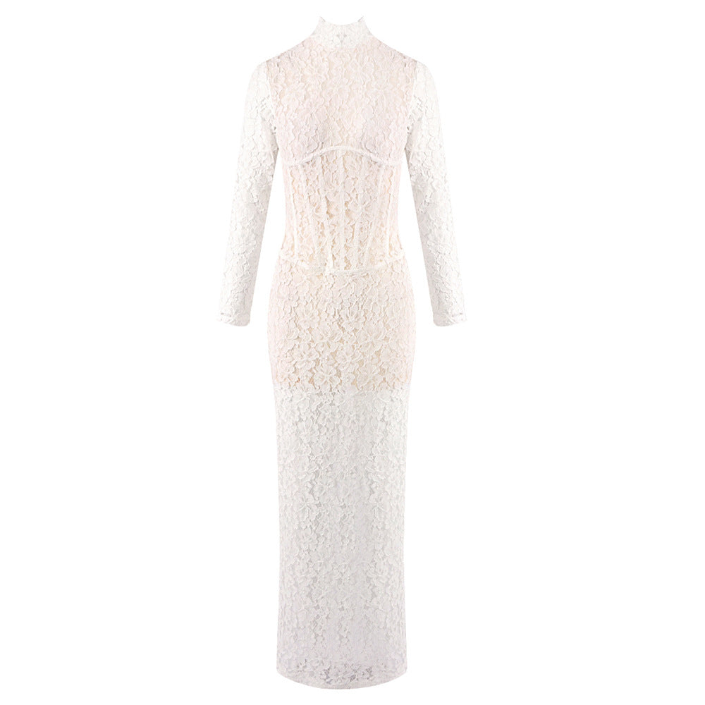 Women Clothing Attractive Hollow Out Cutout out Lace Pattern See through Slim Fit Maxi Dress