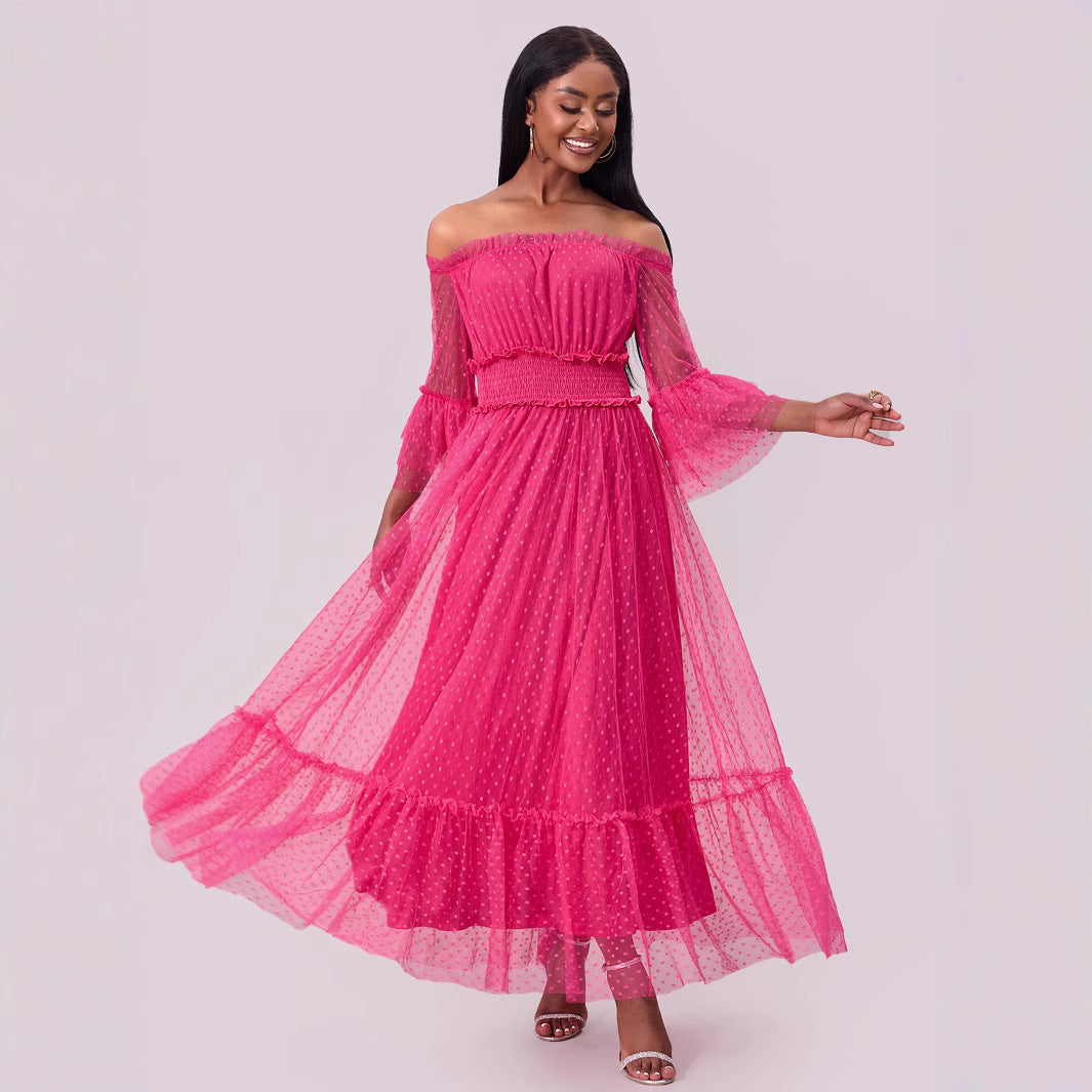 Women Clothing off Shoulder Mesh Extended Sleeve Wedding Dress Large Swing Dress