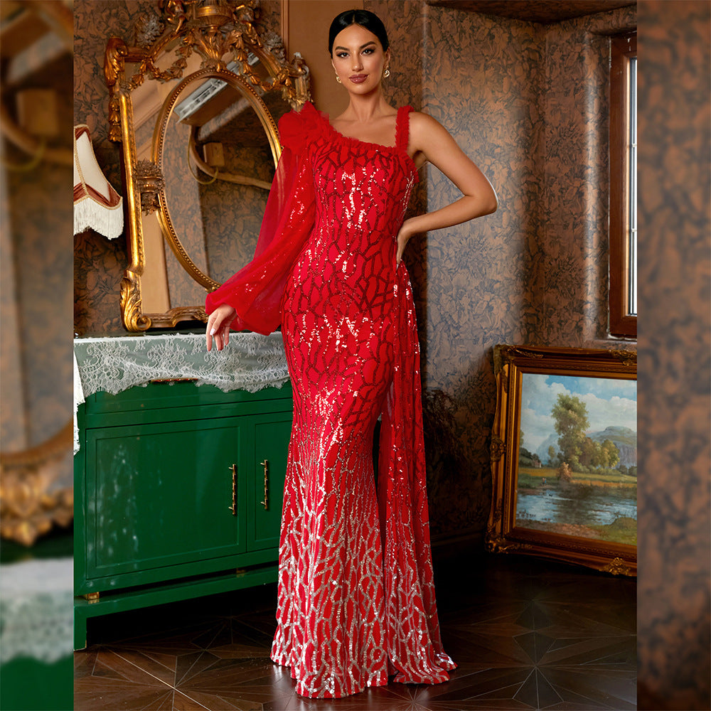 Refined Sexy Long Sequined Long Sleeve Diagonal Collar Backless Cocktail Evening Dress Bridesmaid Bodycon Maxi Dress Women