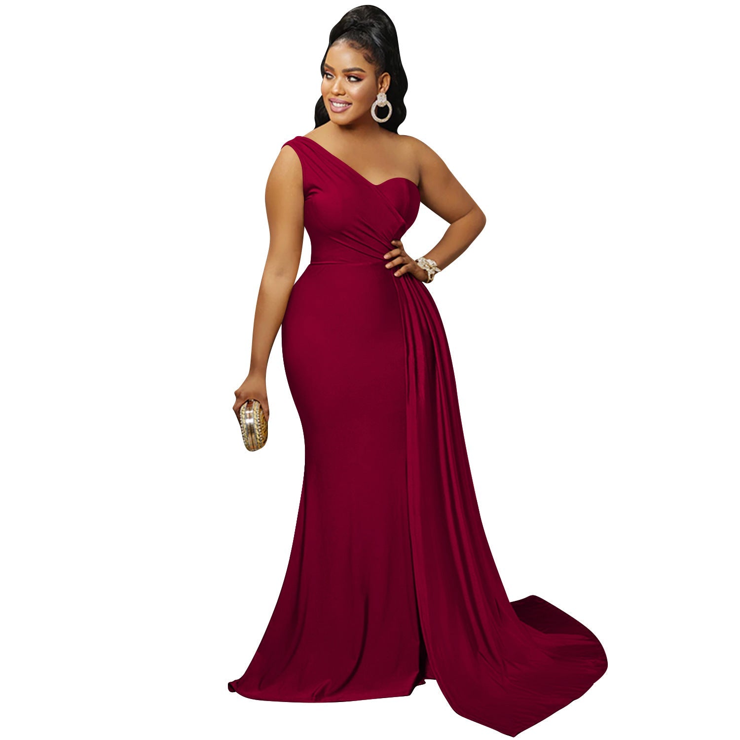 Solid Color Party Tight One Shoulder Sleeved Dress Maxi Dress Women