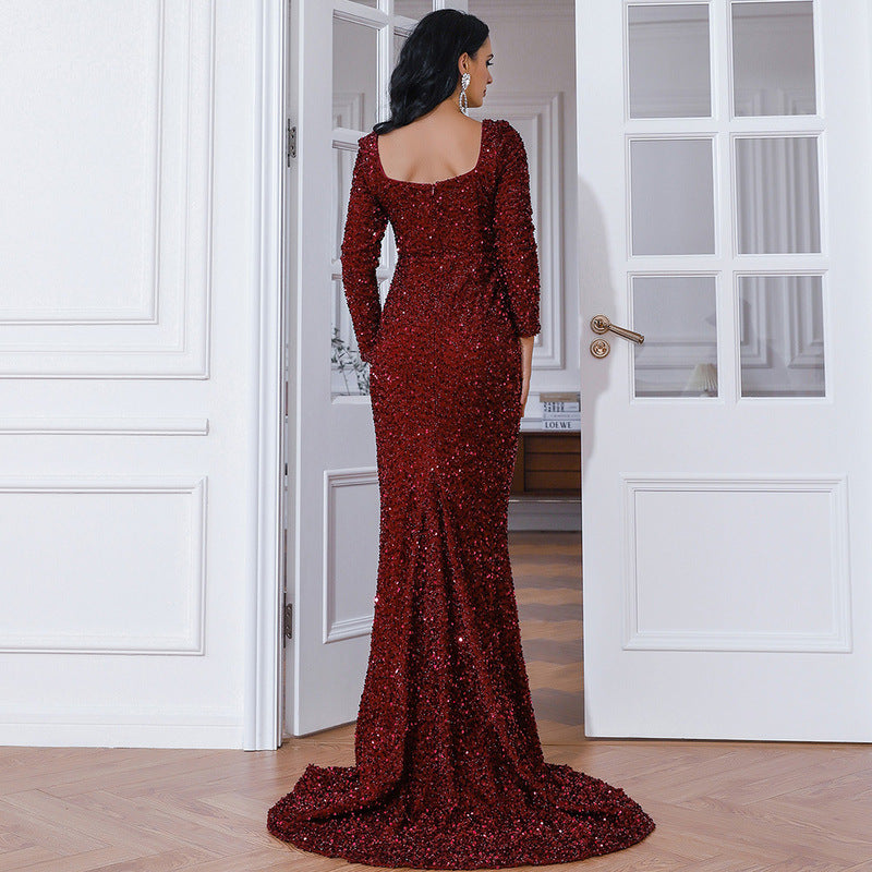 Fishtail Off Neck Extended Sleeved Dress Mid Length Wedding Toast Dress Black Evening
