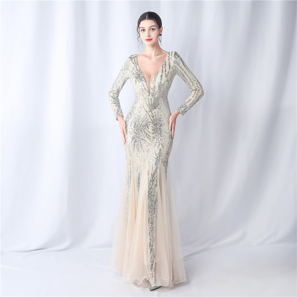 Mesh Sequin Wedding Dinner Annual Meeting Host Extended Sleeve Evening Dress