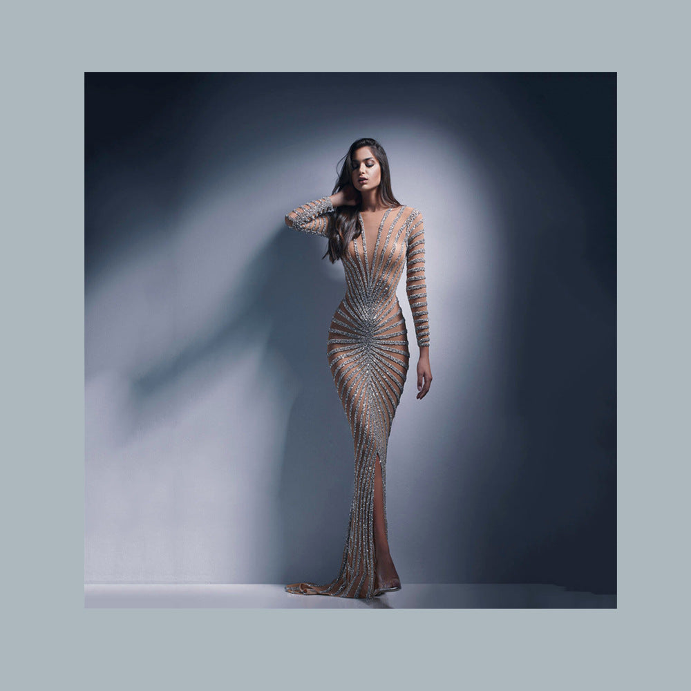 Spring Rhinestone Women Clothing Mesh See through Long Sleeved Split Maxi Dress