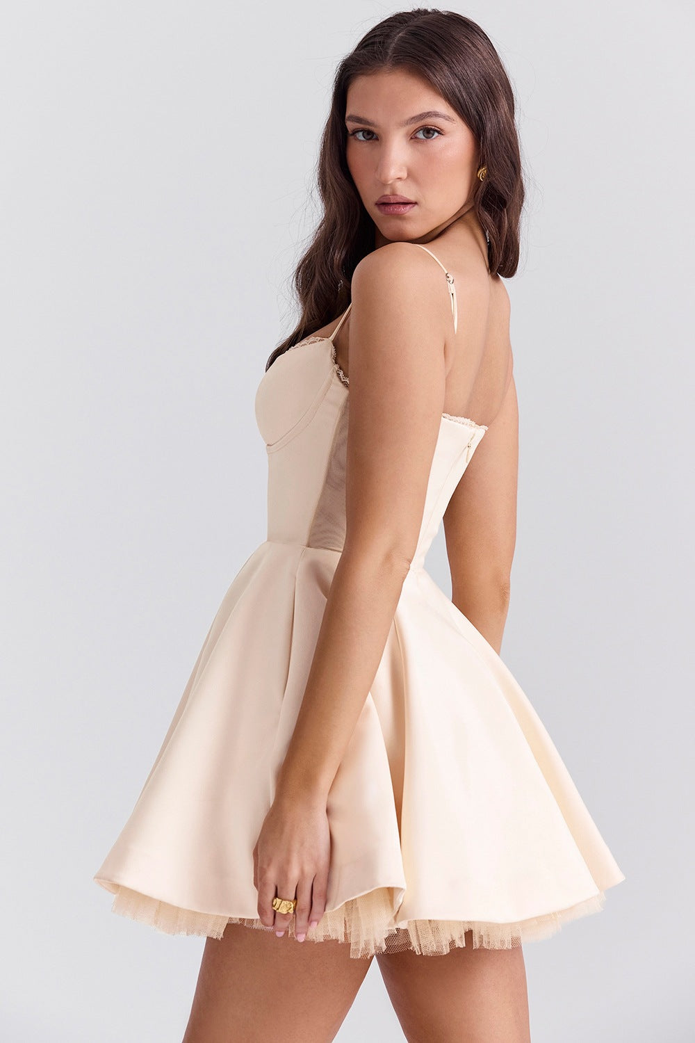 Sweetheart Satin Lace Trim Tulle Mini Dress