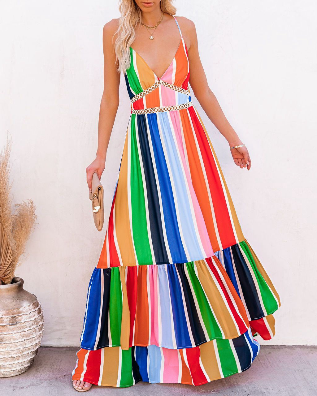 Fiesta To Siesta Crochet Striped Maxi Dress Yellow Orange Multi