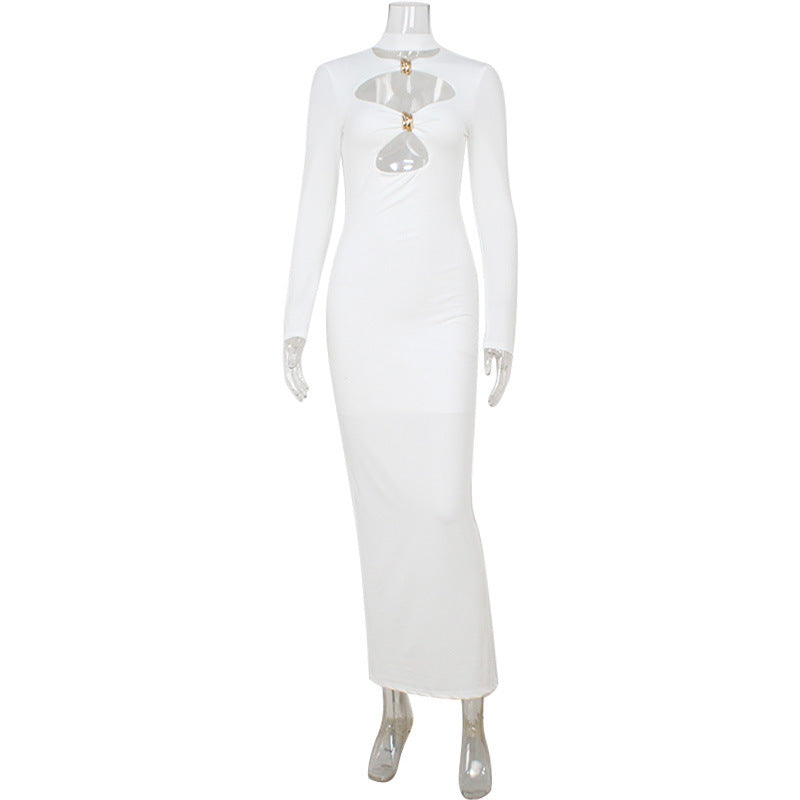 Women Design Hollow Out Cutout out High Class Graceful Slim Fitting Simple Solid Color Maxi Dress Hip Dress