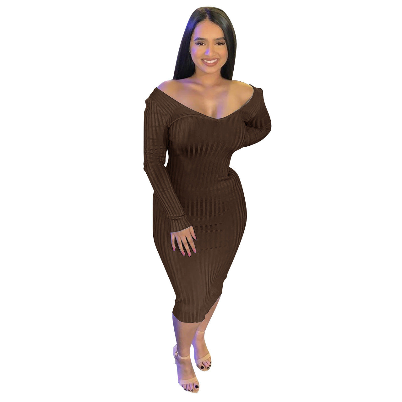 Off Troy The Shoulder Knit Midi Dress Chocolate FINAL