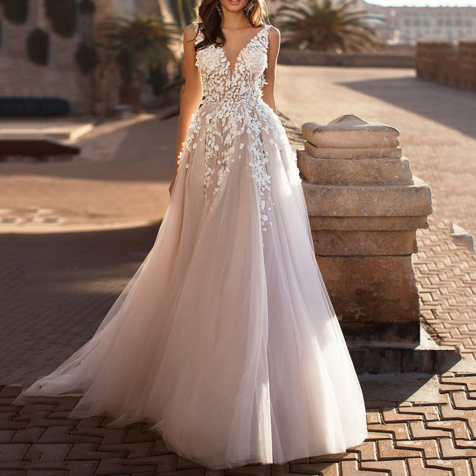 Summer Women Clothing Chic Lace Dress Sleeveless Deep V Plunge Neck Wedding Embroidered Dress