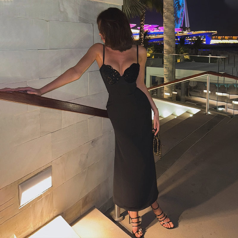 Sequin Stitching Tube Top Cinched Waist Light Upscale Cocktail Evening Dress Fishtail Sheath Cami Dress