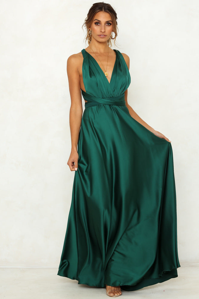 Spring Summer Solid Color Lace-up V-neck Chic Women Clothing Backless High Waist Dress Maxi Dress Maxi