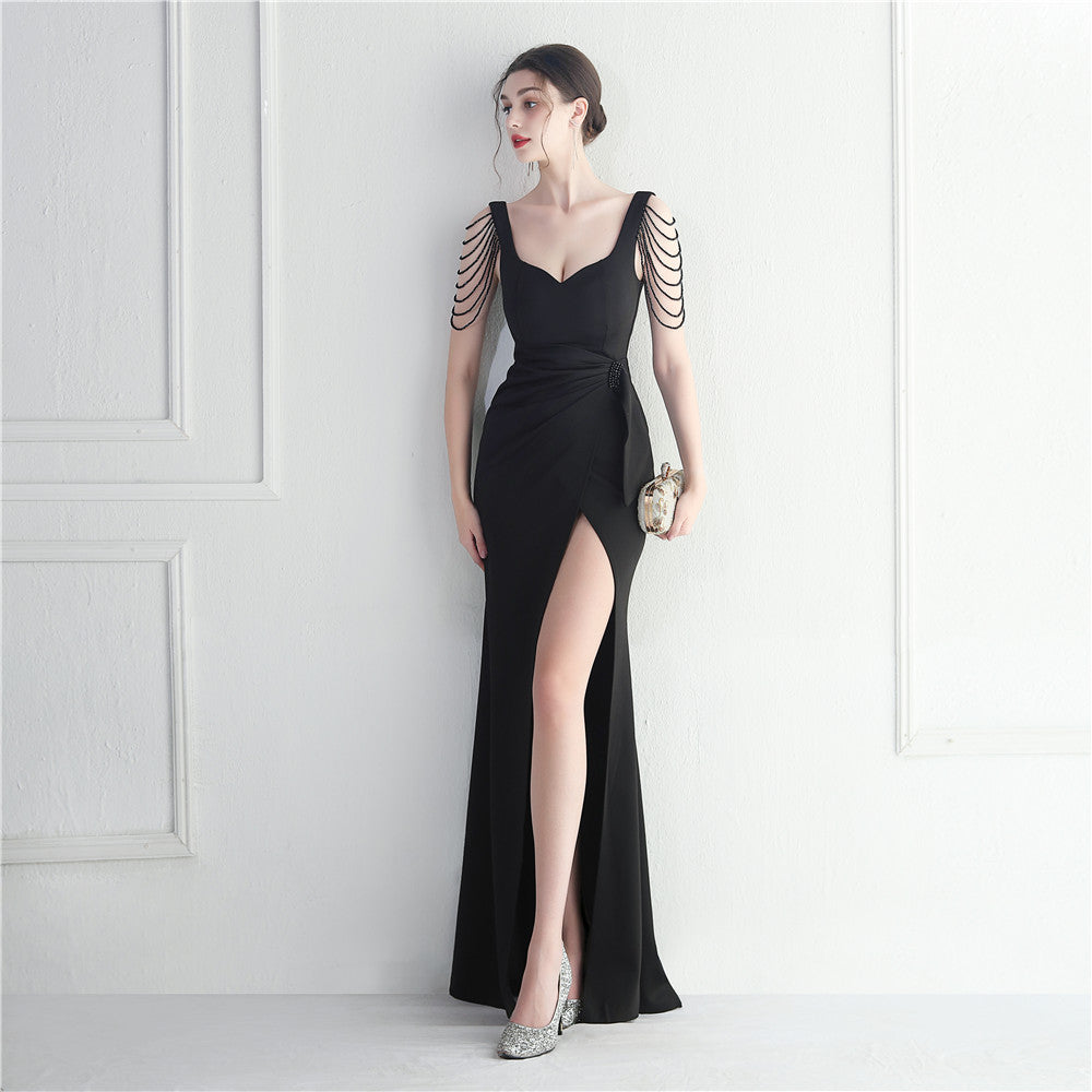 Craft Beaded Car Model Bridesmaid Performance Wedding Extended Slit Evening Dress