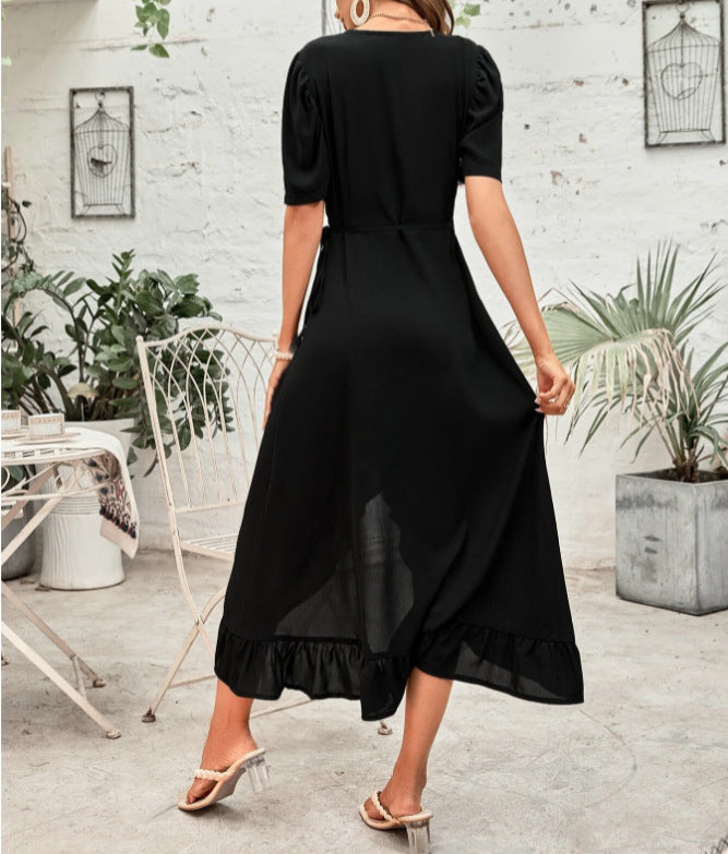 Ruffle Santos Wrap Midi Dress Black