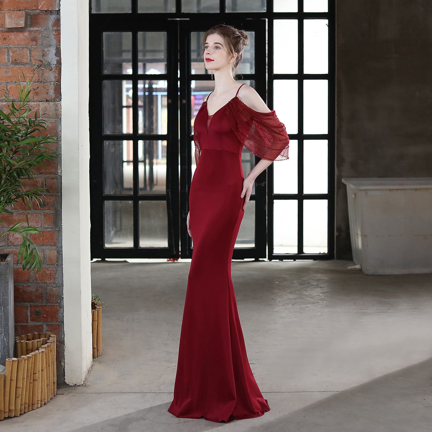 Wedding Toast Dress Bride Extended Sling Appreciation Dinner Slim-Fit Fishtail Car Model Exhibition Dress Formal Gown