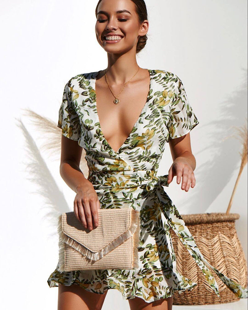 V Deep Neck Short Sleeve Printed Mini Dress