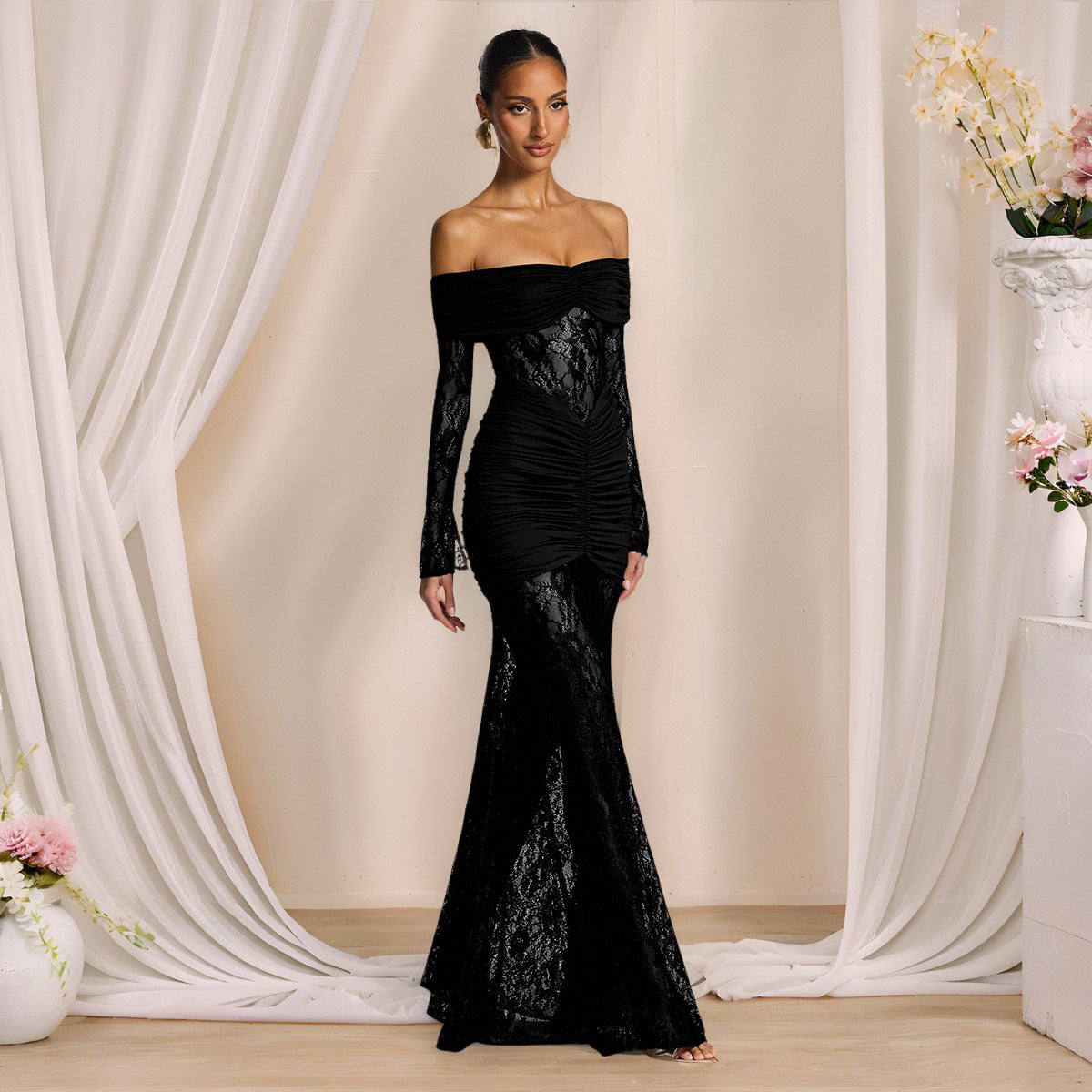 Autumn Graceful Lace Stitching off Shoulder Long Sleeve Narrow Dress Maxi Dress Women Evening Dress