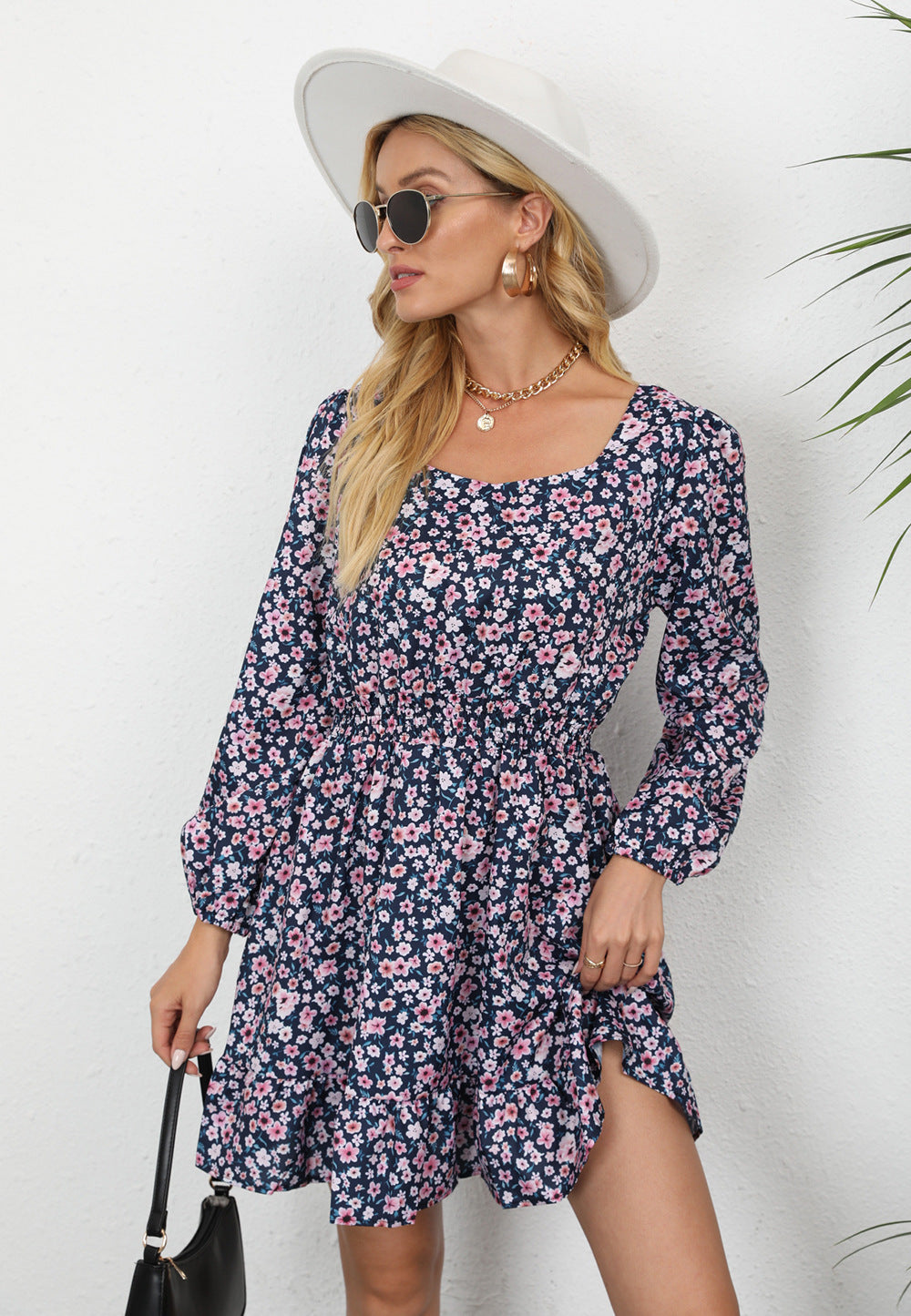Printed Emilia Square Neck Mini Dress Navy Specks