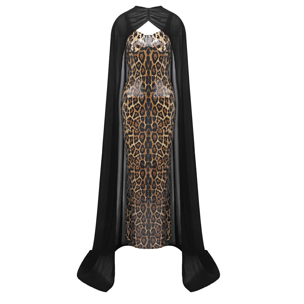 Refined Sexy Leopard Print Sequin Cami Dress Dress Black Chiffon Cloak Two Piece Maxi Dress