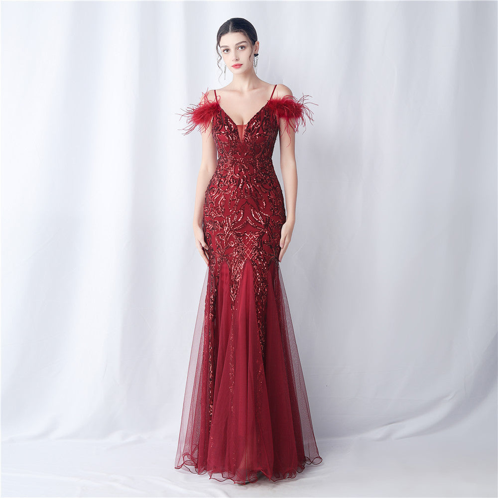 Ostrich Feather Craft Mesh Positioning Flower Sequin Annual Meeting Wedding Evening Dress
