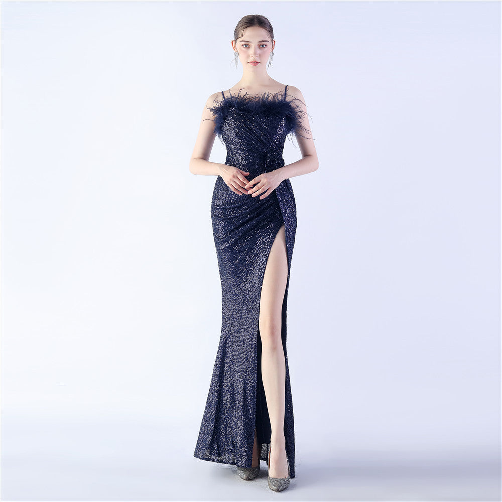 Ostrich Hair Craft Flower Wedding Annual Meeting High End Evening Dress