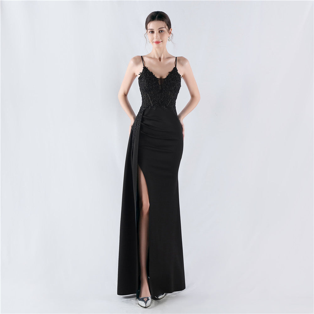 Dress Heavy Embroidery Drilling Order Flower Tight Waist Boning Corset Satin Evening Dress Annual Meeting Wedding