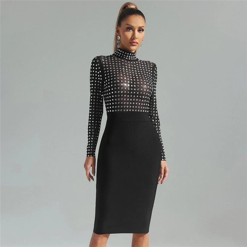Stitching Mesh Bandage One Piece Turtleneck Diamond Nightclub Party Dress