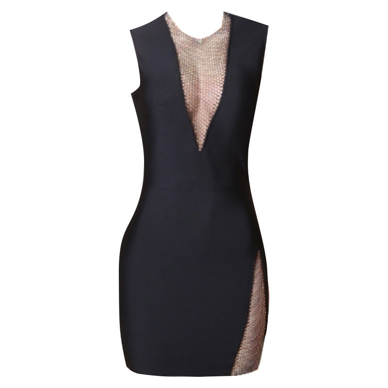 Mesh Nightclub Diamond Hollow Out Cutout Fishing Net Deep V Plunge Sleeveless Dress Flash Diamond Sheath Small Black Dress